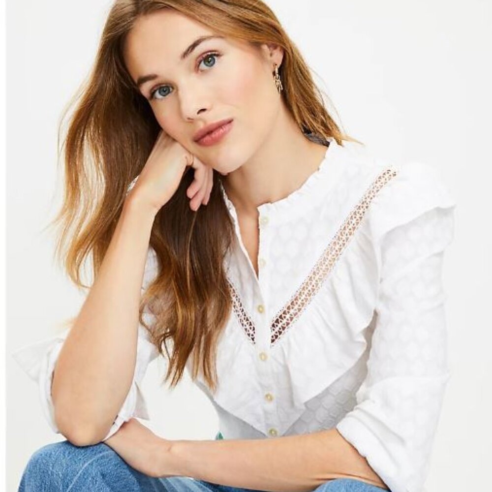 NWT LOFT Long Sleeve White Blouse Embroidered. 100% Cotton